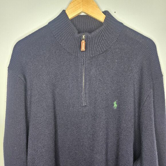 Vtg POLO RALPH LAUREN Sweater Mens 3XB Blue 100% Italian Lambswool 1/4 Zip - Picture 2 of 6